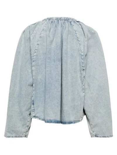 Shop Frame Shirred Denim Blouse In Blue