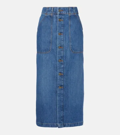 Frame Modern Pocket Button Front Midi Denim Skirt In Blue