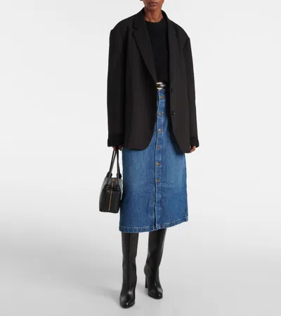 Frame Modern Pocket Button Front Midi Denim Skirt In Blue
