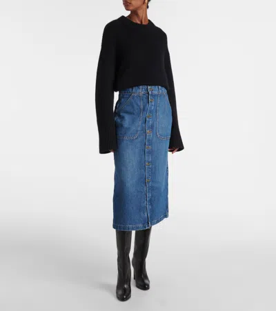 Frame Modern Pocket Button Front Midi Denim Skirt In Blue