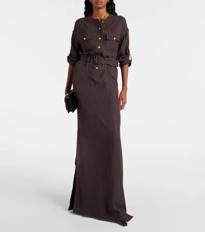 Tom Ford Whitney Chain Stripe Belted Satin Shirtdress In Brown