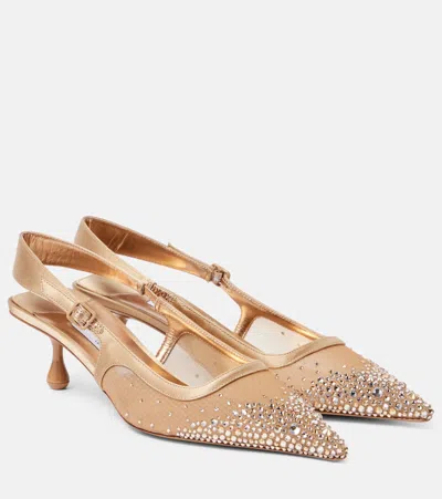 Jimmy Choo Amel 50 Crystal-embellished Mesh And Satin Slingback Pumps In Gold