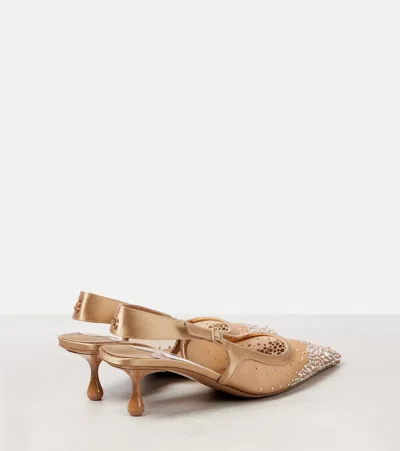 Jimmy Choo Amel 50 Crystal-embellished Mesh And Satin Slingback Pumps In Gold