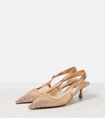 Jimmy Choo Amel 50 Crystal-embellished Mesh And Satin Slingback Pumps In Gold
