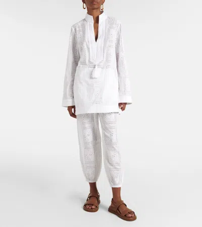 Tory Burch Broderie Anglaise Cotton Cropped Pants In White