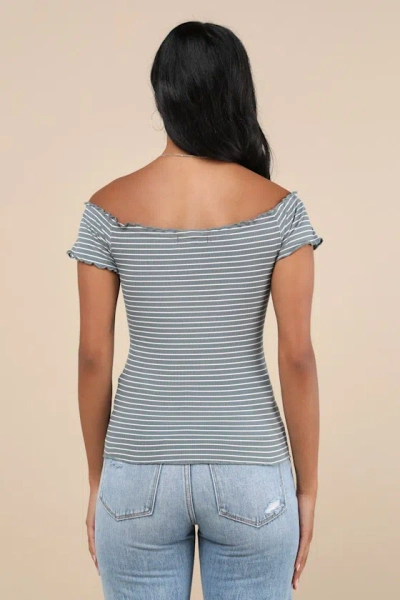 LULUS EASILY IDEAL SAGE GREEN STRIPED LETTUCE HEM SHORT SLEEVE TOP 