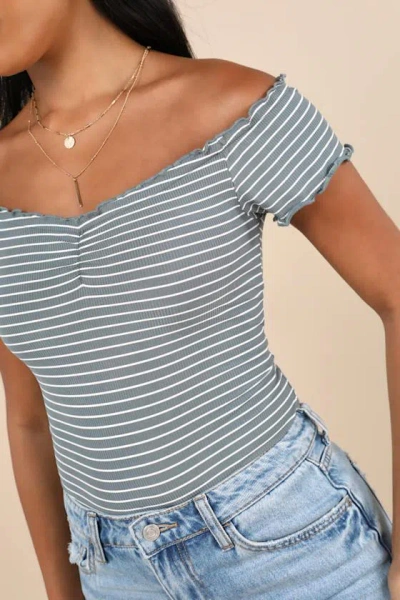 LULUS EASILY IDEAL SAGE GREEN STRIPED LETTUCE HEM SHORT SLEEVE TOP 
