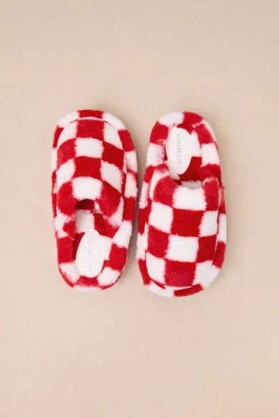 D'amelio Footwear Socozee Red And White Checkered Faux Fur Flatform Slippers In Red And White
