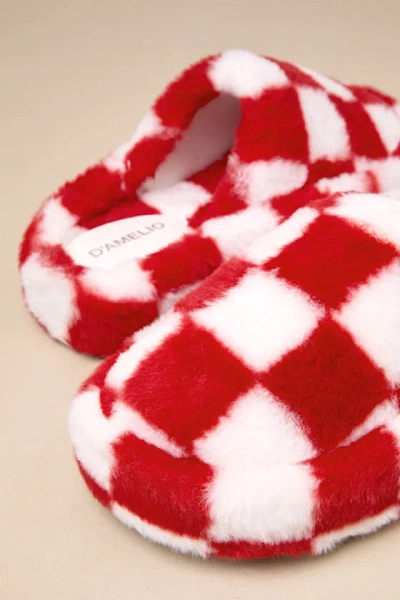 D'amelio Footwear Socozee Red And White Checkered Faux Fur Flatform Slippers In Red And White