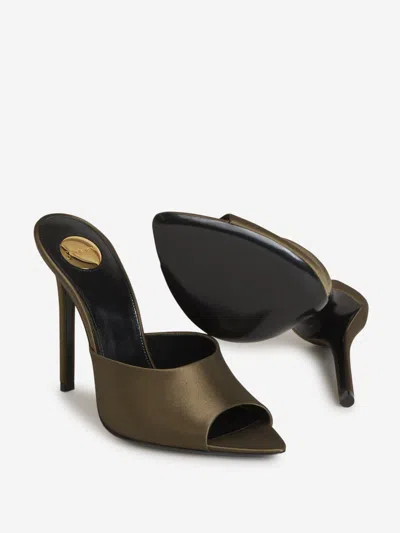 Shop Saint Laurent Satin Goldie Mules In Military Green