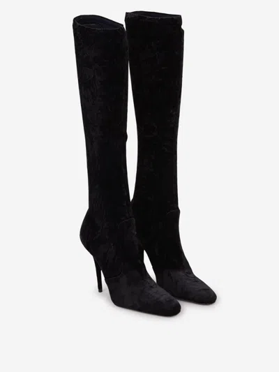 Shop Saint Laurent Talia Velvet Boots In Black