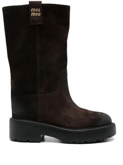 Shop Miu Miu Suede Leather Boots In Brown