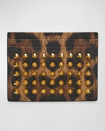 Christian Louboutin Men's Kios Spiked Leopard Card Case In Multi/gold