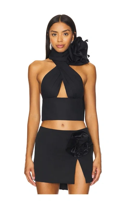 Area Flower Corsage Halter Top In Black
