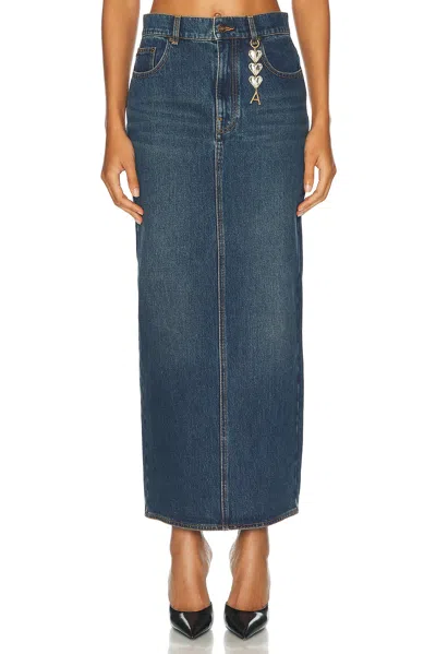 Area Logo-charm Denim Midi Skirt In Dark Medium Wash