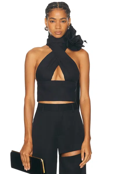 Area Flower Corsage Halter Top In Black
