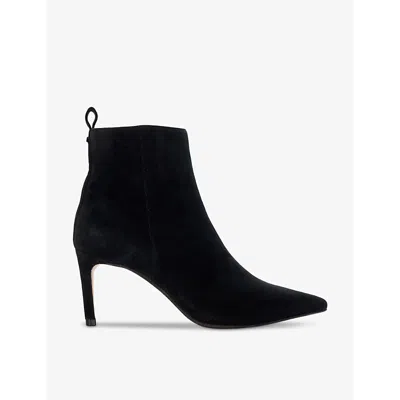 Dune Womens Black Suede Obsessively Logo-badge Stiletto-heel Ankle Boots In Black Suede