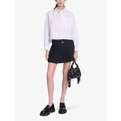 Maje Womens  Button-embellished Mid-rise Pleated Stretch Wool-blend Mini Skirt In Noir / Gris