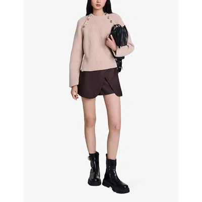 Maje Womens Bruns Button-embellished High-rise Wrap Stretch-knit Mini Skirt In Bruns