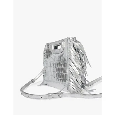 Maje Croc Metallic Leather Mini Shoulder Bag In Silver