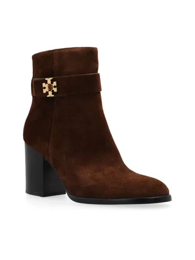 Tory Burch 90mm Logo-plaque Suede Ankle Boots In Brown