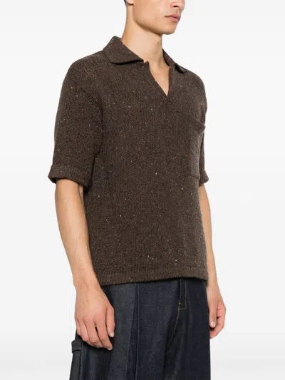 Erl Speckle-knit Polo Sweater In Brown