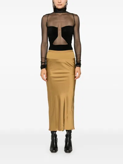 Rick Owens Satin Bias Midi Skirt In Yellow