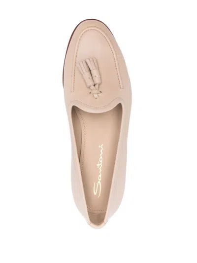 Santoni Beige Leather Tassel Loafers With Rubber Sole In Neutral