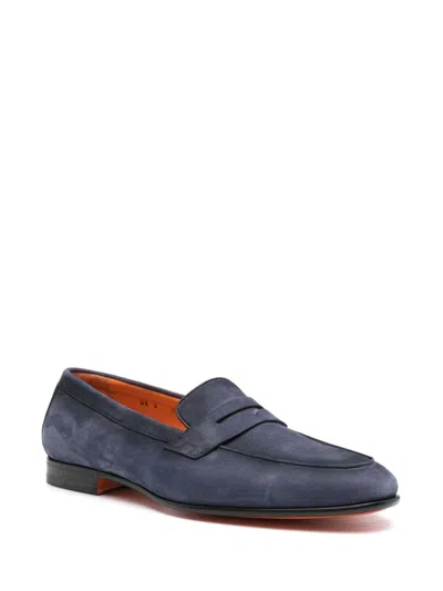 Santoni Man Loafers Slate Blue Size 12 Soft Leather In Blue
