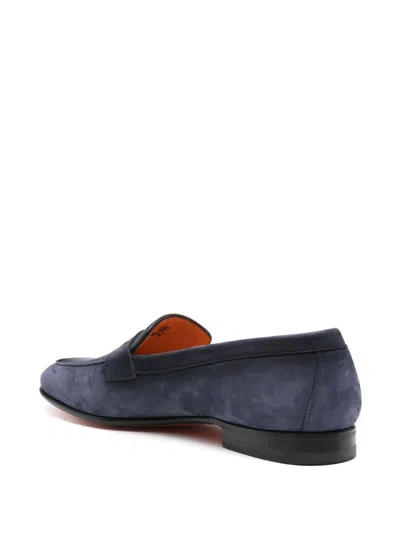 Santoni Man Loafers Slate Blue Size 12 Soft Leather In Blue