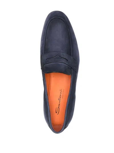 Santoni Man Loafers Slate Blue Size 12 Soft Leather In Blue