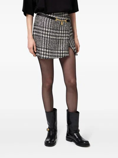 Elisabetta Franchi Asymmetric Houndstooth Skirts Gold Hardware In Black