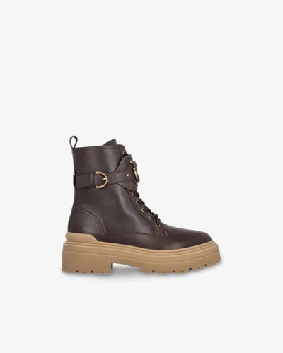 Pinko Leather Combat Boots With Branded Front Strap In Grano Di Pepe