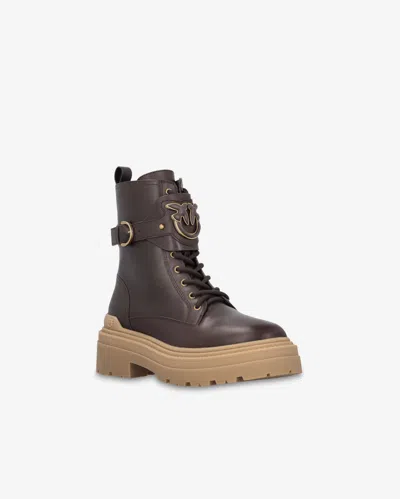 Pinko Leather Combat Boots With Branded Front Strap In Grano Di Pepe