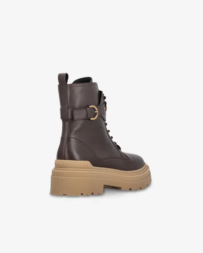 Pinko Leather Combat Boots With Branded Front Strap In Grano Di Pepe
