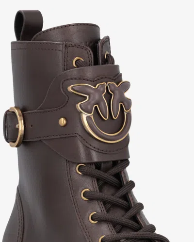 Pinko Leather Combat Boots With Branded Front Strap In Grano Di Pepe