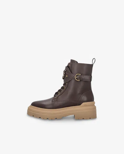 Pinko Leather Combat Boots With Branded Front Strap In Grano Di Pepe