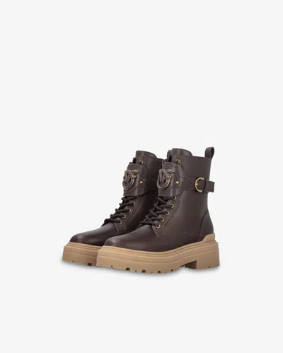 Pinko Leather Combat Boots With Branded Front Strap In Grano Di Pepe