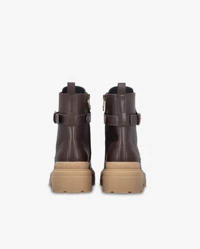Pinko Leather Combat Boots With Branded Front Strap In Grano Di Pepe