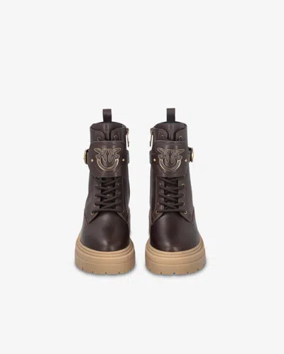 Pinko Leather Combat Boots With Branded Front Strap In Grano Di Pepe