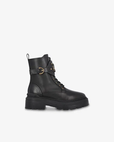 Pinko Leather Combat Boots With Metal Logo In Limo Black