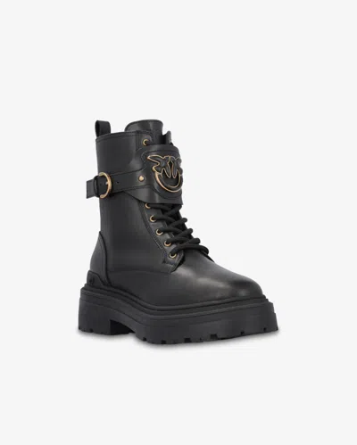 Pinko Leather Combat Boots With Metal Logo In Limo Black