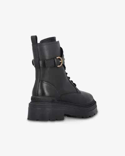 Pinko Leather Combat Boots With Metal Logo In Limo Black