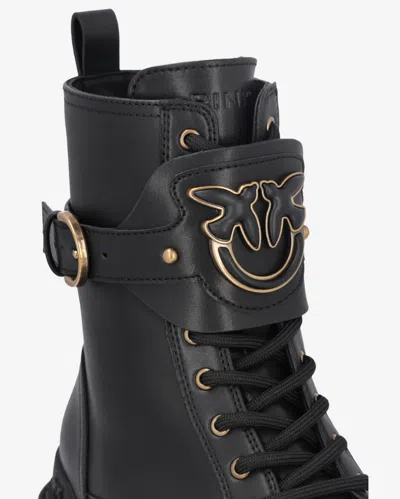 Pinko Leather Combat Boots With Metal Logo In Limo Black