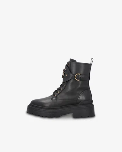 Pinko Leather Combat Boots With Metal Logo In Limo Black