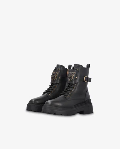 Pinko Leather Combat Boots With Metal Logo In Limo Black