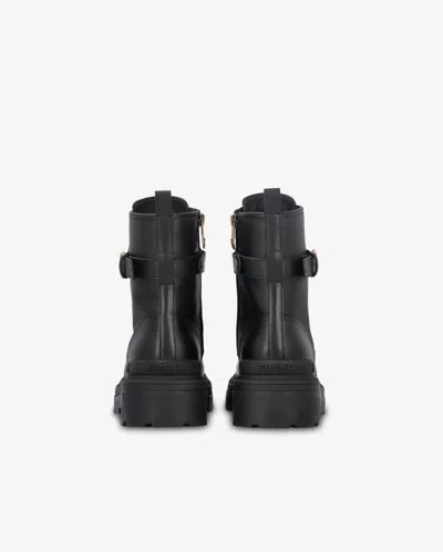 Pinko Leather Combat Boots With Metal Logo In Limo Black