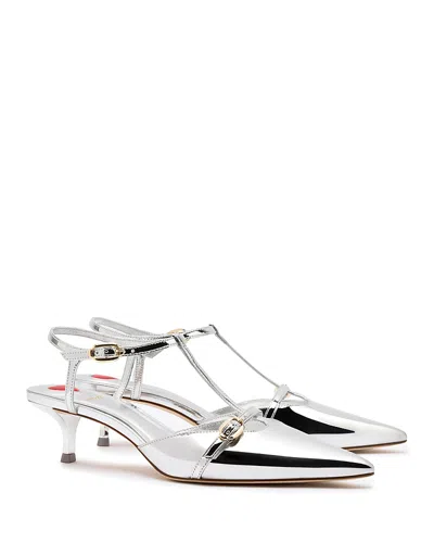 Larroude Larroudé Grace Ankle Strap Pointed Toe Kitten Heel Pump In Silver