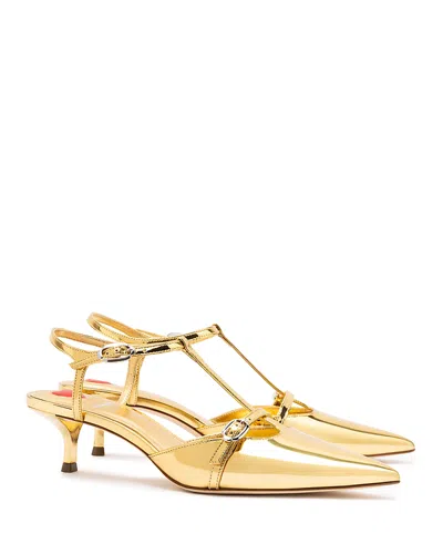 Larroude Larroudé Grace Ankle Strap Pointed Toe Kitten Heel Pump In Gold