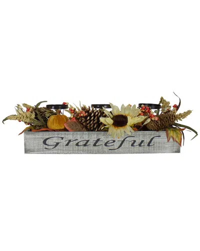 Northlight Autumn Harvest Sunflower 3 Piece Candle Holder In A "grateful" Rustic Wooden Box Centerpiece Set, 30 In Orange